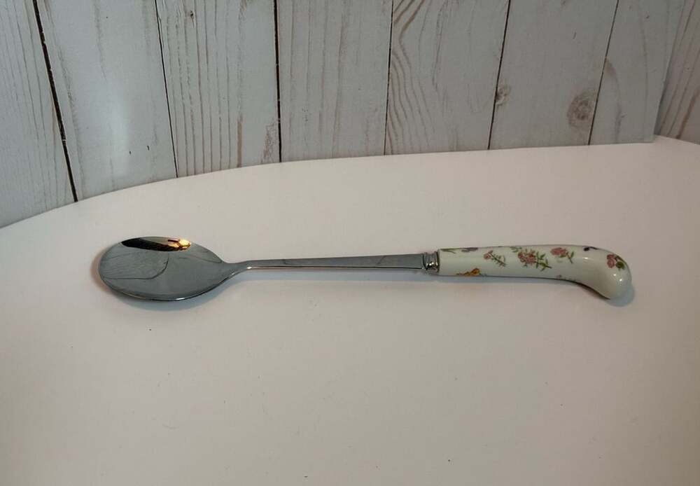 Vintage Sheffield England Serving Spoon, Porcelain Floral Handle